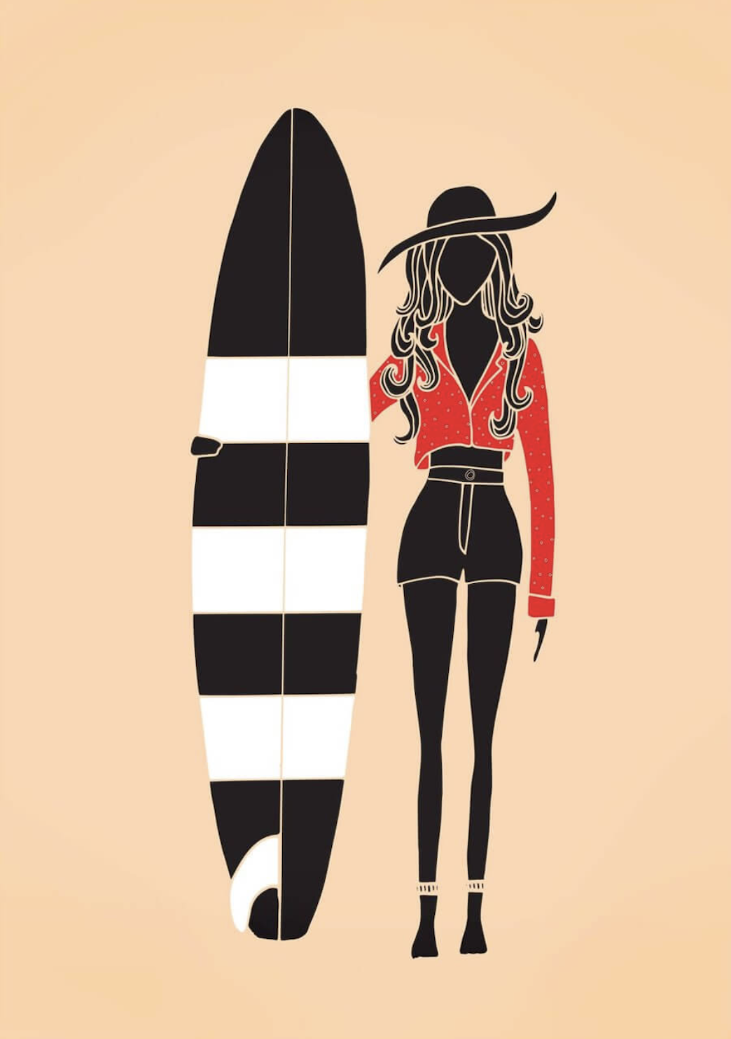 Drawing of a girl in a red shirt with a big hat holdin a surfboard