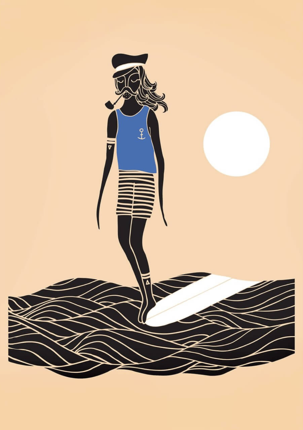 Drawing of a sailor girl standing on a surfboard in the sea